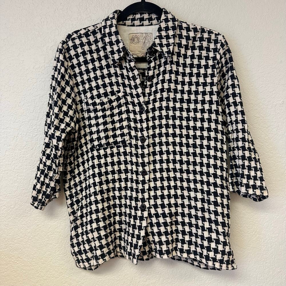 Ace & Jig Houndstooth 3/4 Sleeve Button Up Blouse Black White Small